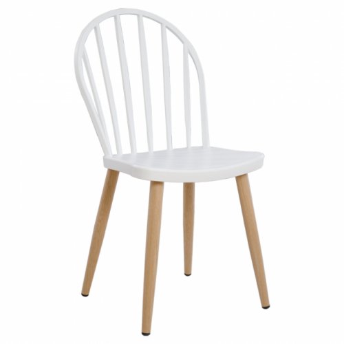 Modern Dining Chair with metal legs in natural wood finish, in white