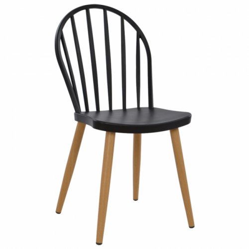 Moderner Esszimmerstuhl mit Metallbeinen aus Naturholzoberfläche, in Schwarz
