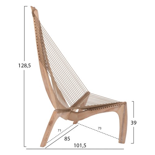 LOUNGE CHAIR HARP ASH WOOD FRAME AND SYNTHETIC ROPE IN NATURAL COLOR 85x101,5x128,5Hcm