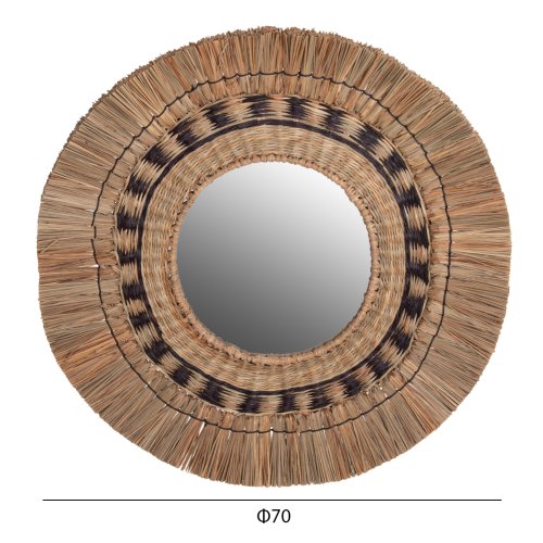 WANDSPIEGEL RUND GESTRICKTER MENDONG-GRASRAHMEN IN SCHWARZ UND NATURFARBE Φ70 cm