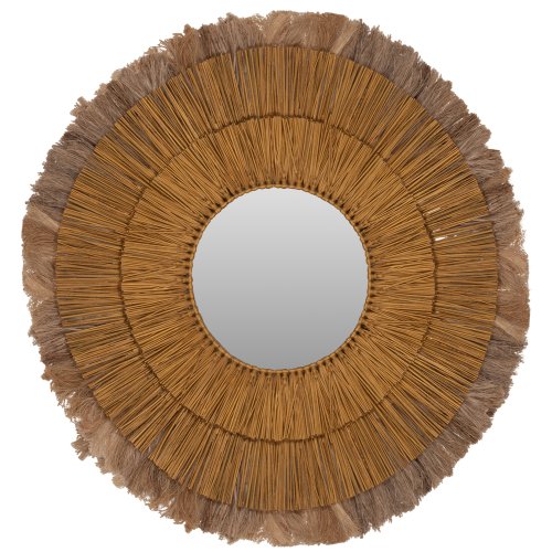WANDSPIEGEL RUND MENDONG-GRAS UND ABACA-FASERN IN NATUR & GOLD 80x4x80Hcm
