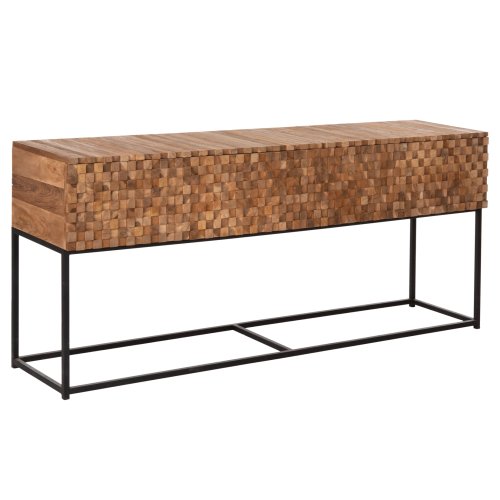 CONSOLE WITH DRAWERS JORDI TEAK WOOD IN NATURAL-BLACK METAL BASE 180x43x79Hcm