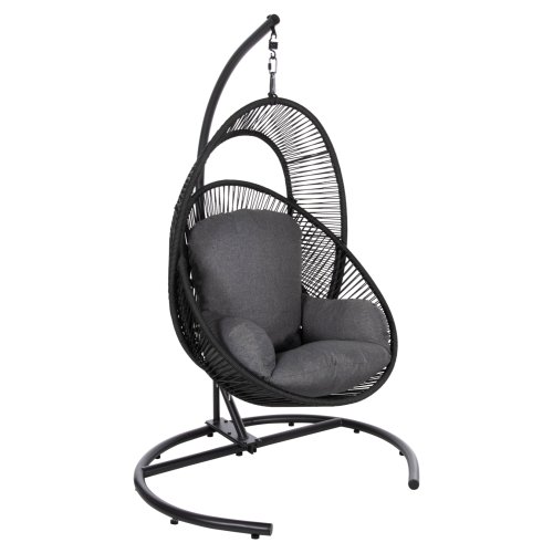 HÄNGENEST SCHWARZES METALL UND SYNTH.RATTAN-GRAUE KISSEN 120x110x190Hcm