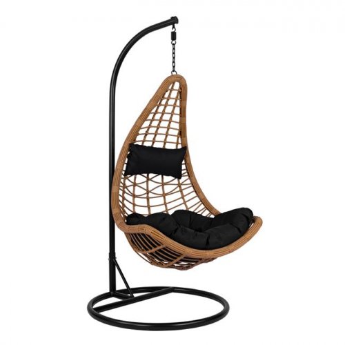 Hängesessel mit einstellbarer Sitzhöhe beige Wicker und schwarzem Kissen