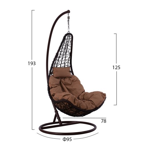 Hängesessel-Nest aus Metall in braun mit Kissen φ95 x 193 cm.