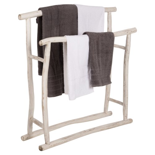 HANDTUCH HÄNGER AUS TEAK ÄSTEN IN WEIß PATINA 90x28x77-91Hcm