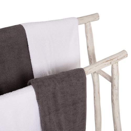 HANDTUCH HÄNGER AUS TEAK ÄSTEN IN WEIß PATINA 90x28x77-91Hcm
