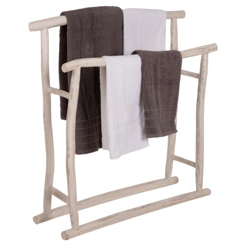 HANDTUCH HÄNGER AUS TEAK ÄSTEN IN WEIß PATINA 90x28x77-91Hcm