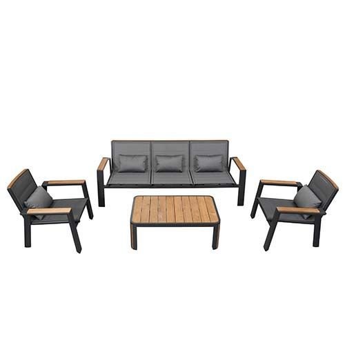 "GENEVA" 3 SEAT LOUNGE SET IN ALUMINUM AND BLACK TEAK