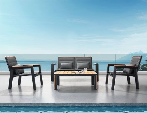 "GENEVA" 2 SEAT LOUNGE SET IN ALUMINUM AND BLACK TEAK