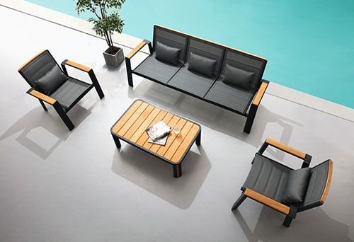 "GENEVA" 3 SEAT LOUNGE SET IN ALUMINUM AND BLACK TEAK