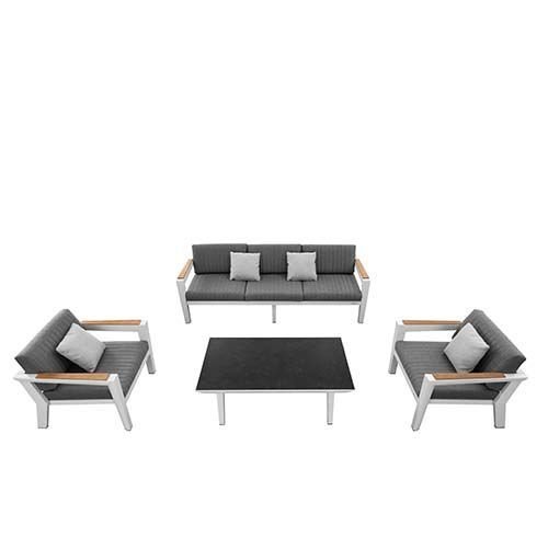 "CHAMPION" 4-PIECE LOUNGE SET MADE OF ALUMINUM, OLEFIN AND TEAK WOOD GRAY
