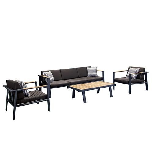 "NOFI" LOUNGE SET WITH 3 SEATER MADE OF BLACK ALUMINUM AND TEAK