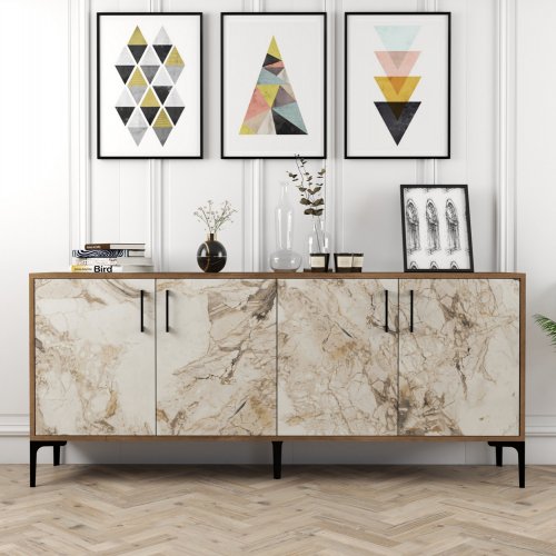 MELAMIN-BUFFETS AUS NUSSBAUM MIT MARMOR 180x35x78cm