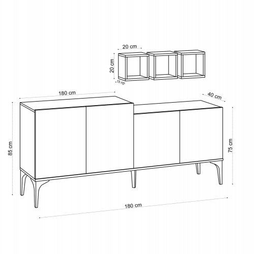 BUFFET SCHRANK MIT 3 REGALEN AUS MELAMIN IN NATURFARBE 180x40x85cm