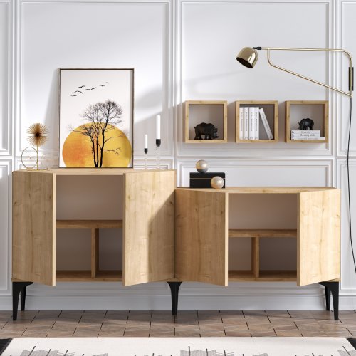 BUFFET SCHRANK MIT 3 REGALEN AUS MELAMIN IN NATURFARBE 180x40x85cm
