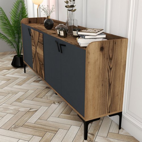 MELAMINBUFFET NUSSBAUM UND HOLZKOHLE 180x35x78cm