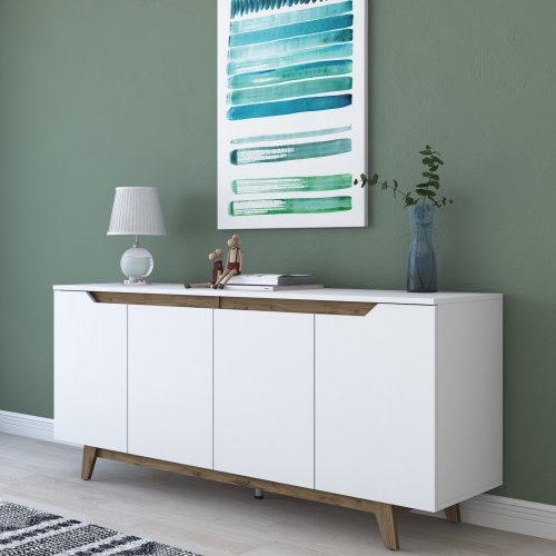BUFFET MELAMINE WHITE WITH WALNUT DETAILS 180x45x78,6cm