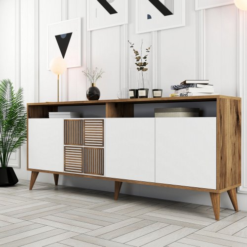 BUFFET MELAMINE IN WALNUT WITH WHITE DOORS 180x35x78.6cm