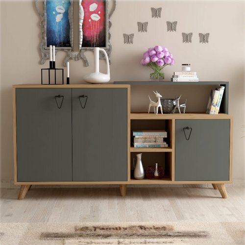 SIDEBOARDS AUS MELAMIN IN WALNUSS UND 3 TÜREN IN ANTHRAZIT 143x42,3x78,6cm