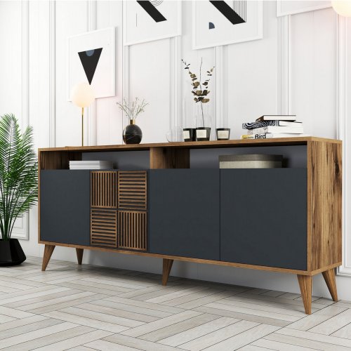 SIDEBOARDS AUS MELAMIN AUS NUSSBAUM MIT TÜREN IN CHARCOAL 180x35x78.6cm