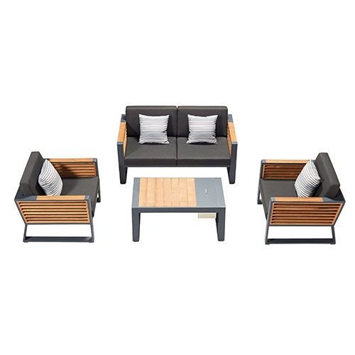 Outdoor-Set "New York" mit 2-Sitzer-Sofa schwarz Aluminium und Teakholz