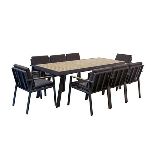 "NOFI" ESSTISCH SET 9-TEILIG AUS ALUMINIUM UND TEAKHOLZ SCHWARZ