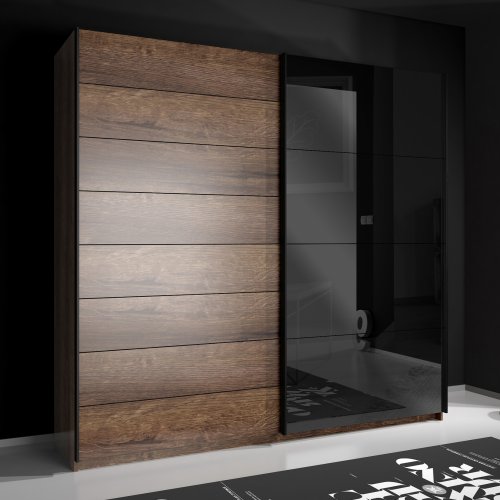 Schiebe-Schrank Rolan in Walnuss Gloss Schwarz 220,1x61,2x209,7 cm