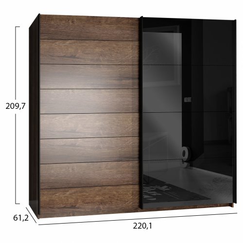 Schiebe-Schrank Rolan in Walnuss Gloss Schwarz 220,1x61,2x209,7 cm