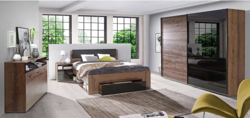 Schiebe-Schrank Rolan in Walnuss Gloss Schwarz 220,1x61,2x209,7 cm