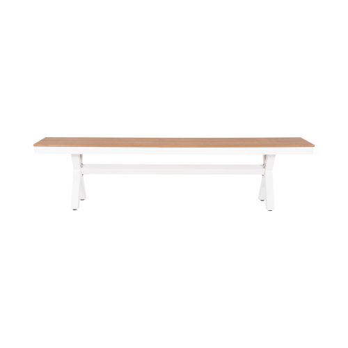 ALUMINIUMBANK WEISS MIT POLYWOOD-SITZ IN NATURHOLZFARBE 150x36x45Hcm