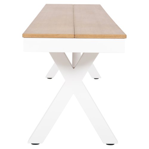 ALUMINIUMBANK WEISS MIT POLYWOOD-SITZ IN NATURHOLZFARBE 150x36x45Hcm