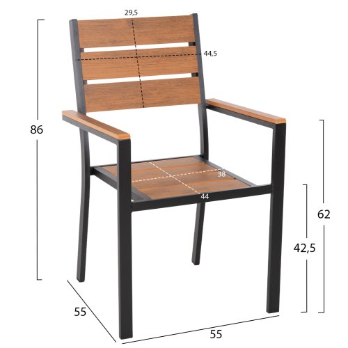 ALUMINUM ARMCHAIR BLACK-POLYWOOD IN NATURAL 55x55x86Hcm