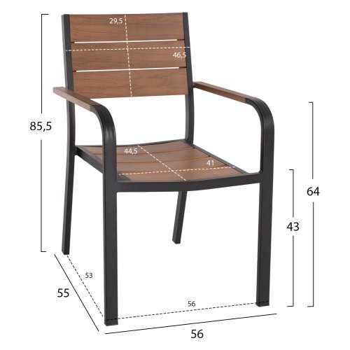 Aluminum Stuhl SAGA mit Armlehne in Carbon mit Polywood 55x56x85cm