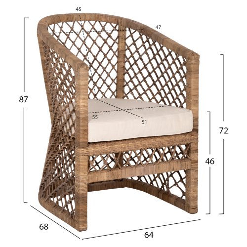 SESSEL RATTAN IN NATUR-KISSEN IN ECRU 64x68x87Hcm