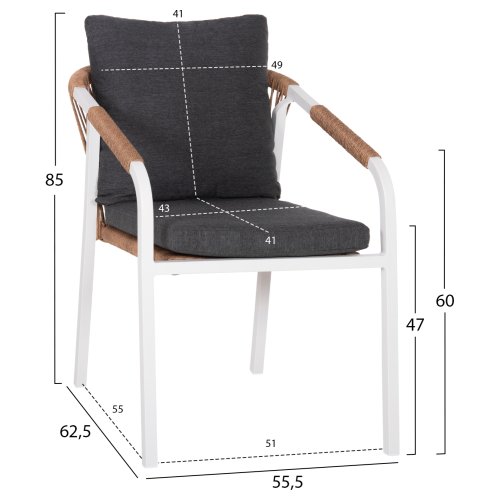 Chair made of white aluminum, light brown perattan with cushions.