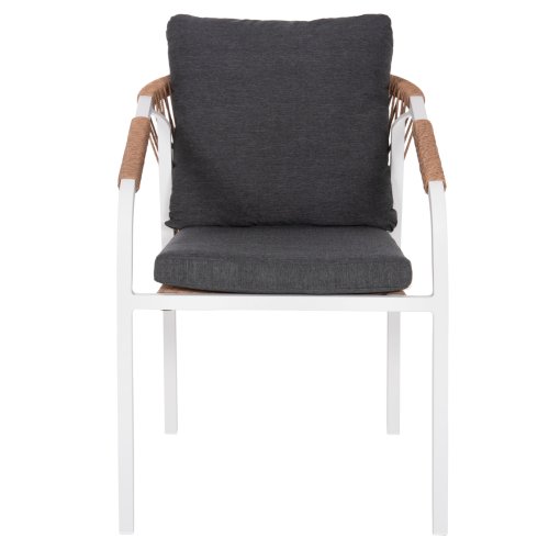 Chair made of white aluminum, light brown perattan with cushions.