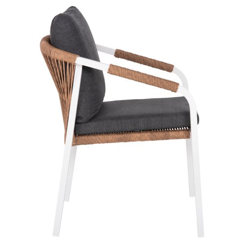 Chair made of white aluminum, light brown perattan with cushions.