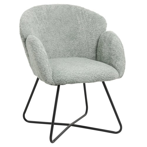 SESSEL IN PISTAZIEN GRÜN BOUCLE -SCHWARZES METALL.BEINE KREUZ 82x62x72Hm