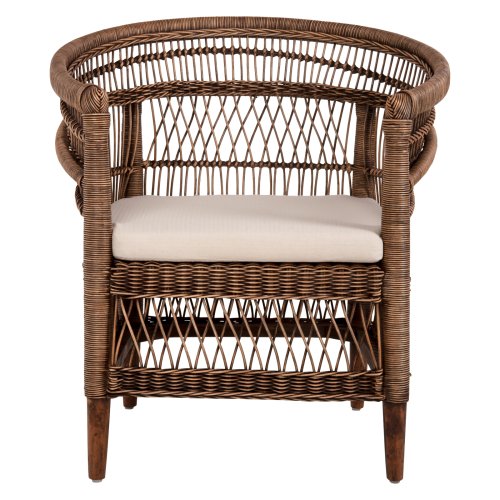 ARMCHAIR MALAWI MAHOGANY WOOD WITH RATTAN IN BROWN WITH WHITE CUSHION 80x70x86Hcm