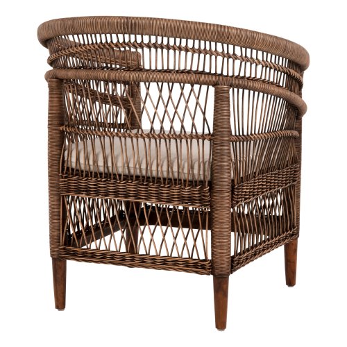 ARMCHAIR MALAWI MAHOGANY WOOD WITH RATTAN IN BROWN WITH WHITE CUSHION 80x70x86Hcm