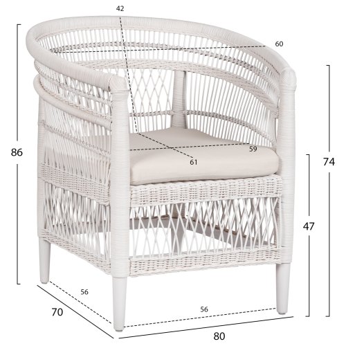 ARMCHAIR MALAWI MAHOGANY WOOD WITH RATTAN IN WHITE WITH WHITE CUSHION 80x70x86Hcm