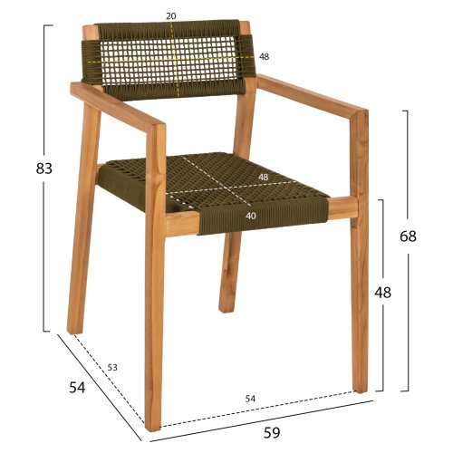 SESSEL CHARLOTTE TEAKHOLZ IN NATÜRLICH & GRÜNEM SEIL 59x54x83Hcm