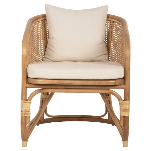SESSEL NIKO RATTAN IN NATURPOLIERTER FARBE-WEIßE KISSEN 61x72x75-80Hcm