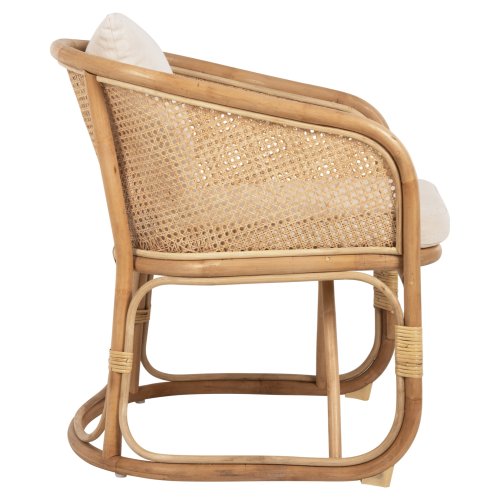 SESSEL NIKO RATTAN IN NATURPOLIERTER FARBE-WEIßE KISSEN 61x72x75-80Hcm