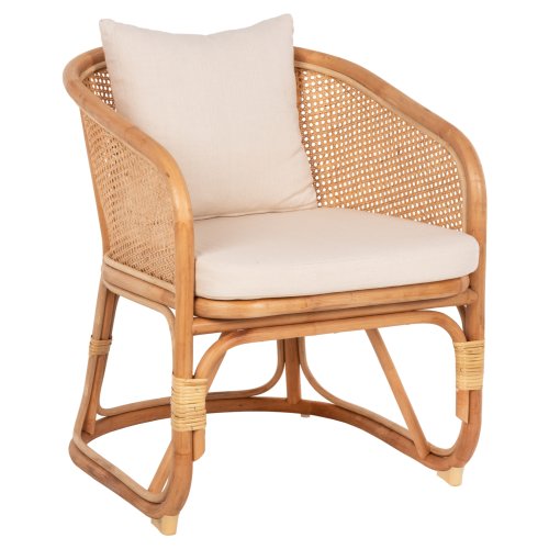 SESSEL NIKO RATTAN IN NATURPOLIERTER FARBE-WEIßE KISSEN 61x72x75-80Hcm