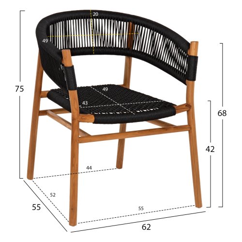 DINING ARMCHAIR IRVING TEAK WOOD IN NATURAL COLOR AND BLACK ROPE 62x55x75Hcm