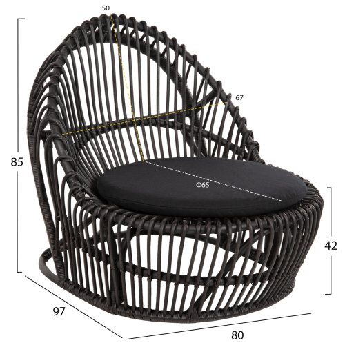 ARMCHAIR ENTROPY NATURAL POLISHED RATTAN WITH CUSHION-BLACK 80x97x85Hcm