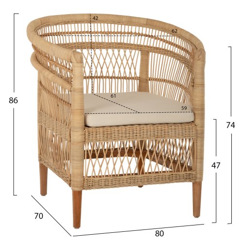 SESSEL MALAWI MAHAGONIHOLZ MIT RATTAN IN NATÜRLICH MIT WEIßEM KISSEN 80x70x86Hcm