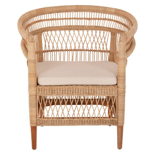 SESSEL MALAWI MAHAGONIHOLZ MIT RATTAN IN NATÜRLICH MIT WEIßEM KISSEN 80x70x86Hcm